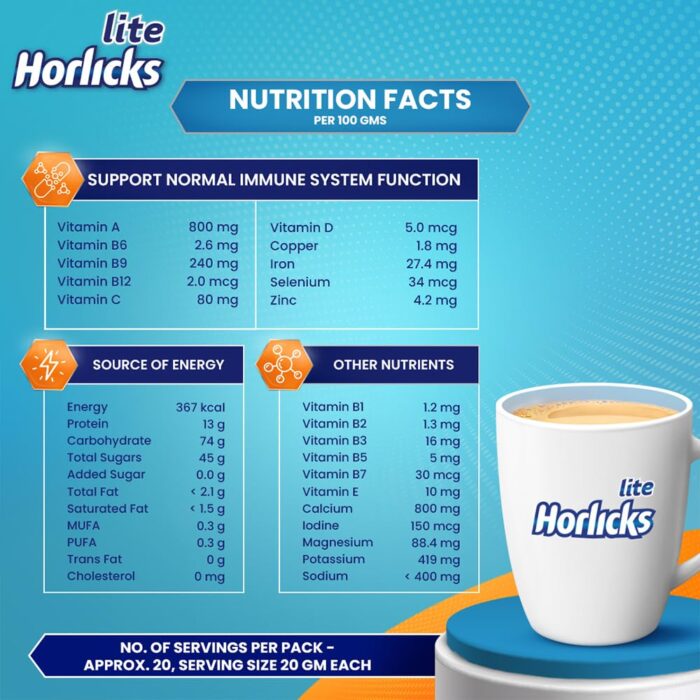Horlicks Lite 450g, Scientifically designed for Adults |High Protein, Zero added sugar | Malt Flavor - Image 3