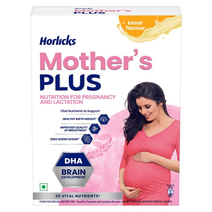 Horlicks Mother's Plus Kesar 400 G BIB, For Pregnancy And Lactation With Protein For Birth Weight And DHA For Brain Development - No Added Sugar 20Sachets, 400 Grams Powder