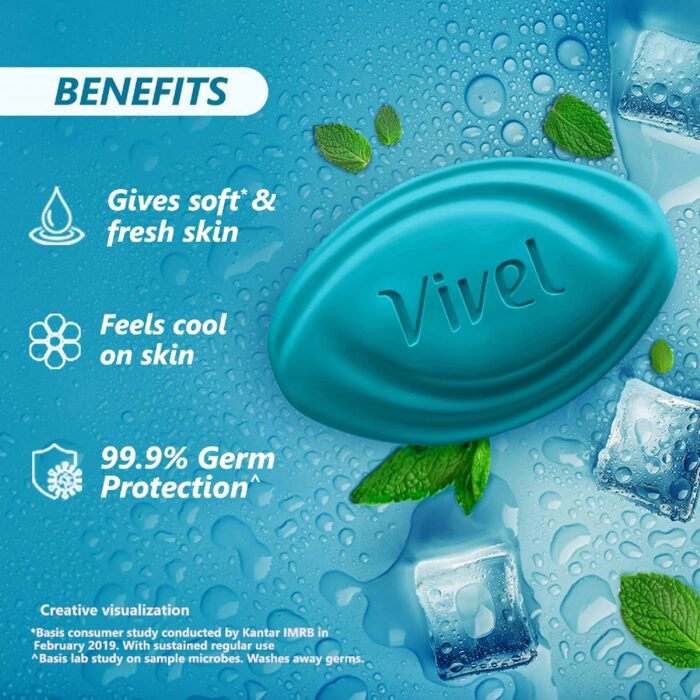 Vivel Cool Mint, Soft Fresh Skin Soap, 400g (BUY 3+1FREE), Soap for Women & Men for Soft, Glowing & Moisurised Skin, All Skin Types - Image 4